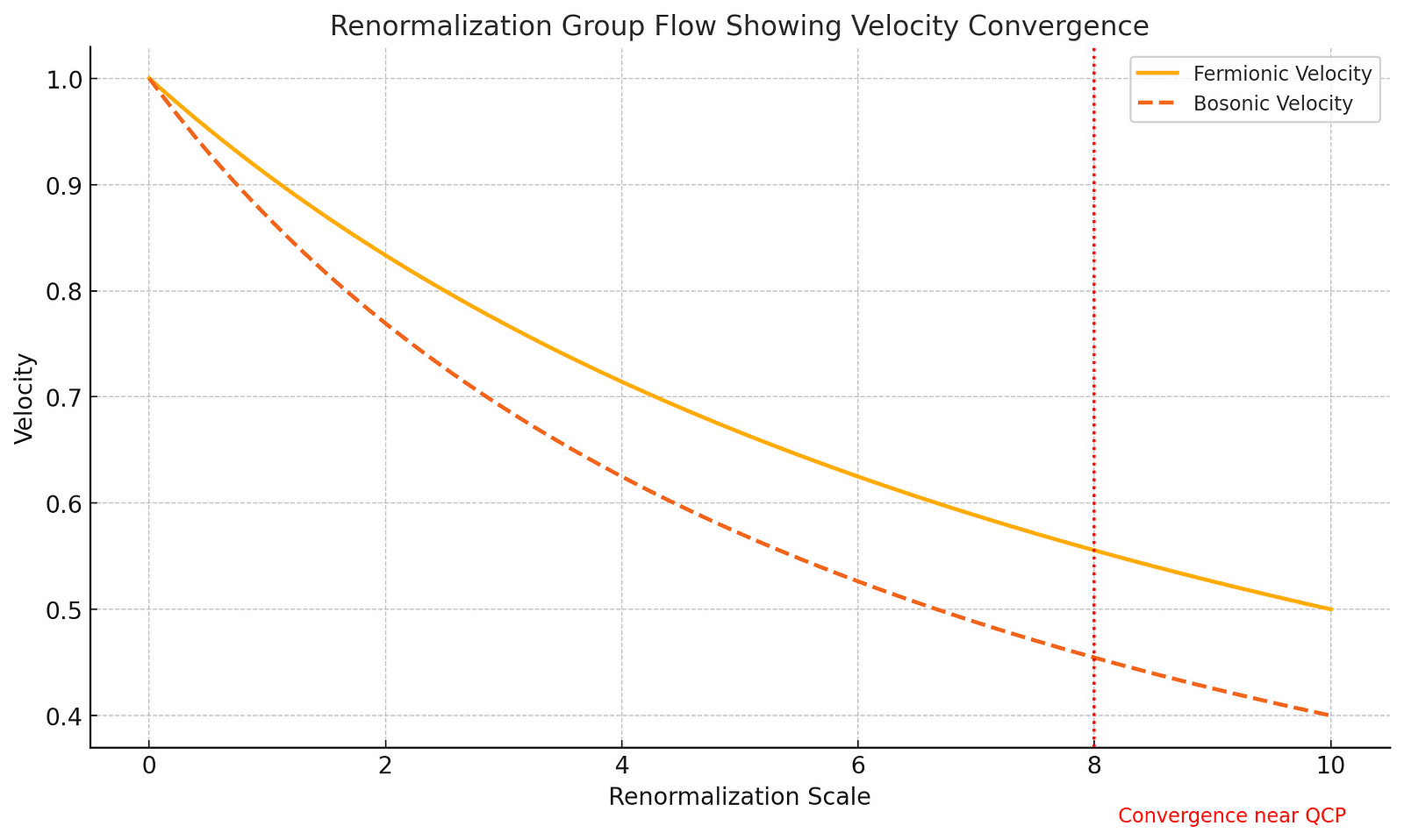 A graph showing how fermionic and bosonic velocities come together, with all velocities meeting near the QCP.