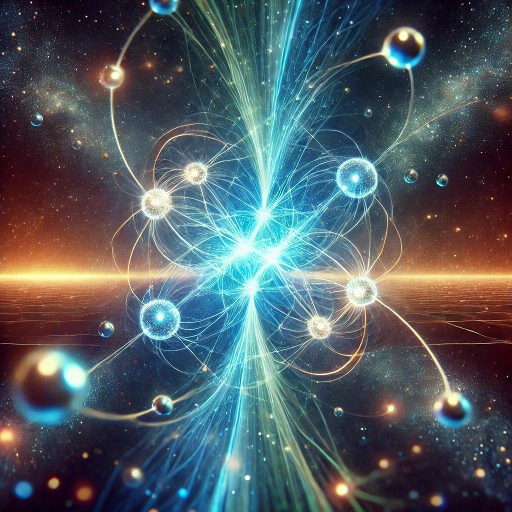 A visual representation of quantum entanglement showing interlinked particles glowing with vibrant blue and green energy, set against a cosmic background filled with stars. This image captures the beauty and complexity of quantum connections that transcend physical space.