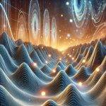 An artistic depiction of quantum phases with glowing points trapped in rugged valleys, representing quantum states, transitioning from smooth to rugged terrains with a backdrop of soft energy waves and light gradients.