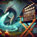 A cinematic representation of Turbo3D’s application in gaming and animation, showing a glowing dragon with intricate, shimmering scales in a mystical forest setting. In the background, a director’s chair and clapperboard highlight its use in creative industries.