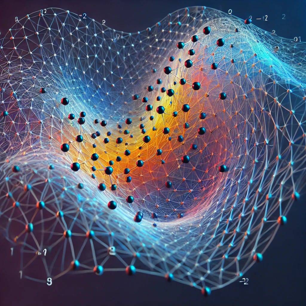 An abstract depiction of a connected graph with nodes and edges embedded on a high-genus surface, featuring a flowing topological mesh in vibrant colors that visually represent the complexity of Euler genus and the relationships between graph elements.