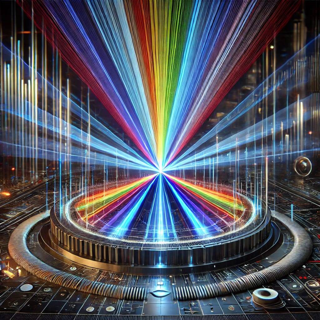 A high-tech lab with a futuristic display of vibrant light beams being split into spectral slices, each precisely aligned and recombined into a coherent ultra-broadband optical signal. The setting emphasizes advanced technology with glowing machinery and intricate optical equipment.