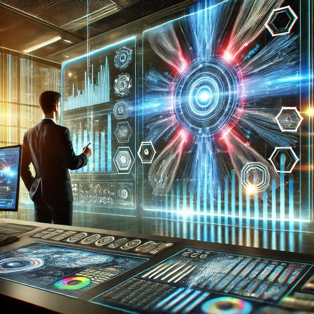 A futuristic interface displaying real-time data streams with glowing lines and holographic graphs. A human operator is monitoring the system in a sleek control room, reflecting high efficiency and dynamic decision-making processes.