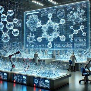 A futuristic molecular science lab featuring holographic displays of molecular structures and simulations. The lab is softly illuminated, with advanced technology like robotic arms and virtual screens showing atomic-level details.