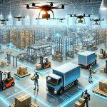 A futuristic warehouse featuring autonomous robots and drones efficiently managing package delivery operations. Bright lighting, advanced robotics, and a neatly organized layout reflect the integration of cutting-edge technology in logistics and supply chain management.