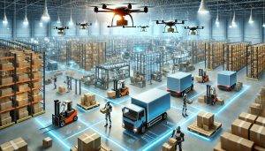 A futuristic warehouse featuring autonomous robots and drones efficiently managing package delivery operations. Bright lighting, advanced robotics, and a neatly organized layout reflect the integration of cutting-edge technology in logistics and supply chain management.