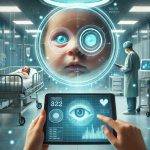 A futuristic neonatal ward with advanced biometric devices scanning the irises of newborns. A doctor monitors biometric data on a tablet while soft, glowing lights highlight the newborn’s eyes during scanning.