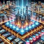 A futuristic digital representation of a Transformer-based architecture processing a grid of unordered images to form a detailed 3D cityscape model. Glowing lines connect the images to the model, symbolizing data transformation and computational power. Vibrant, high-tech aesthetics dominate the scene.