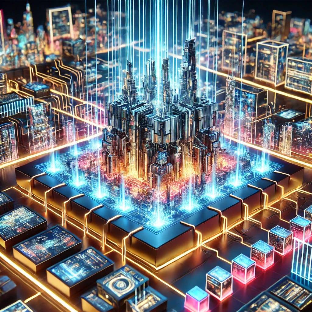 A futuristic digital representation of a Transformer-based architecture processing a grid of unordered images to form a detailed 3D cityscape model. Glowing lines connect the images to the model, symbolizing data transformation and computational power. Vibrant, high-tech aesthetics dominate the scene.