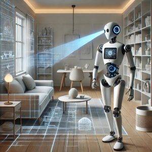 A futuristic indoor scene featuring an AI-powered robot in a modern living room. The robot uses vision-based sensors to map the environment, with a transparent digital grid overlay visualizing spatial comprehension. Furniture, including a sofa and table, is arranged naturally in a minimalistic design.