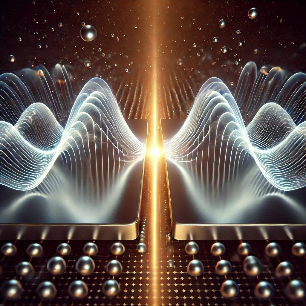 Two metallic plates suspended in a vacuum, separated by a small distance, with glowing waves of quantum fluctuations dynamically flowing between them. The background is dark, enhancing the mysterious interplay of light and shadow, symbolizing the Casimir effect.