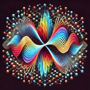 A vivid visualization of quantum particles interacting, represented by colorful waves and interconnected nodes. Abstract geometric shapes and glowing patterns symbolize the mathematical complexity of quantum commutators and stochastic sampling.