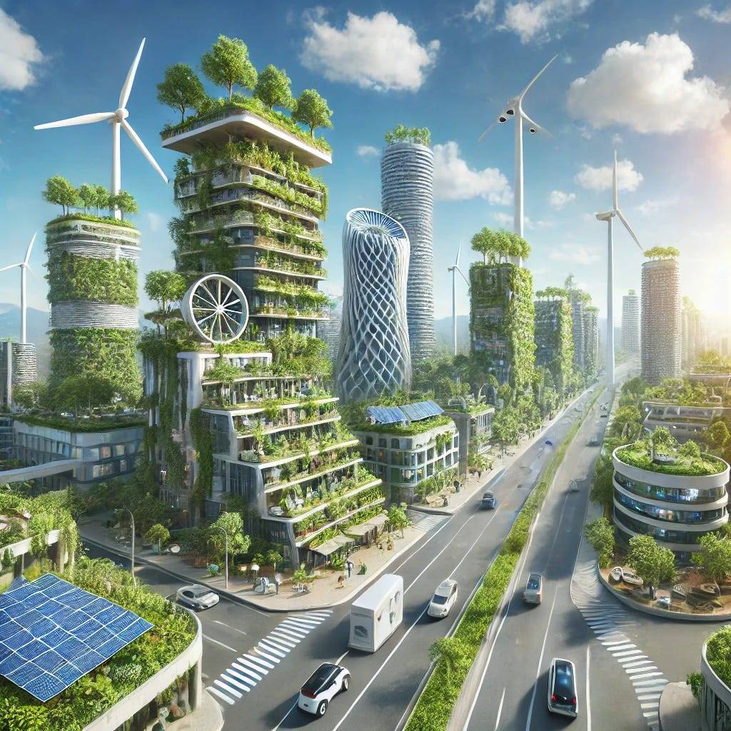 futuristic cityscape featuring eco-friendly skyscrapers, vertical gardens, wind turbines, and solar panels under a clear blue sky, representing sustainability in the next decade.