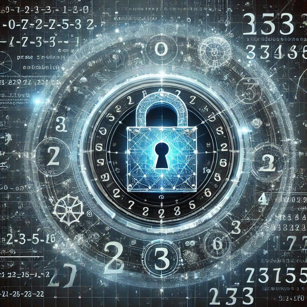 A digital lock glowing amidst floating prime numbers and complex mathematical symbols, symbolizing the use of mathematical concepts like squarefree discriminants in cryptography for data security.