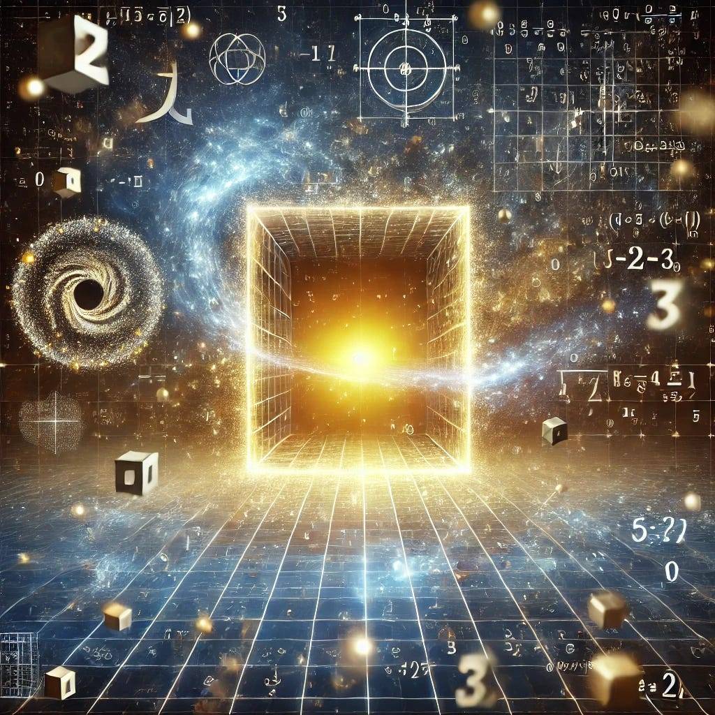 A glowing portal made of geometric shapes and mathematical symbols, radiating energy to symbolize a mathematical breakthrough. Beyond the portal, a vast universe of number fields unfolds, with floating algebraic structures. The scene is colored in gold, blue, and white, evoking enlightenment and discovery.