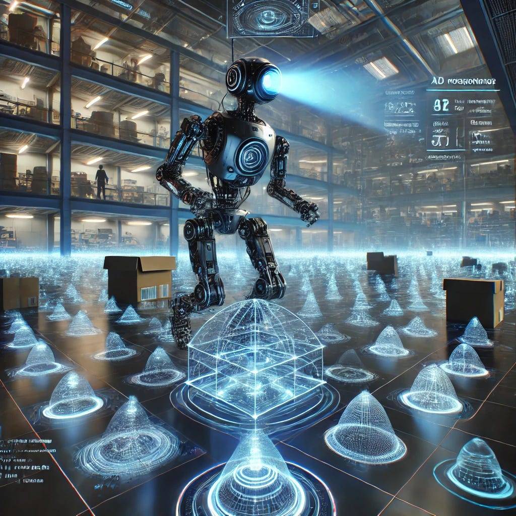 A futuristic AI-powered robot navigating a 3D environment, using holographic camera feeds to create a spatial memory map. The background features a high-tech research facility with glowing digital pathways representing stored memory.