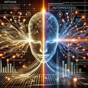 A futuristic hybrid AI model combining diffusion and autoregressive techniques, visualized as two glowing streams of data merging into one. One side shows scattered, parallel-processed words, while the other features a structured, step-by-step sentence formation. The background depicts a cybernetic interface symbolizing advanced AI innovation.