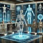 A futuristic digital workspace where an AI system autonomously rigs various 3D models. Holographic displays showcase different skeleton structures, including humanoid, quadrupedal, and insect-like creatures. Glowing neural connections represent the AI’s intelligence, seamlessly integrating with the models in a sleek, high-tech laboratory.