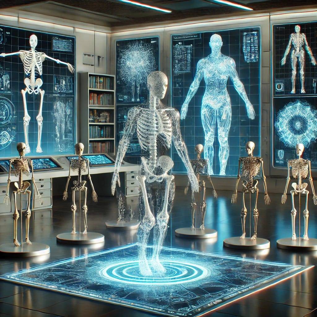 A futuristic digital workspace where an AI system autonomously rigs various 3D models. Holographic displays showcase different skeleton structures, including humanoid, quadrupedal, and insect-like creatures. Glowing neural connections represent the AI’s intelligence, seamlessly integrating with the models in a sleek, high-tech laboratory.